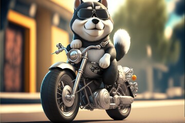 Funny black and white husky posing in sunglasses on a motorcycle. AI generated.