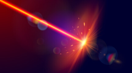 Red laser strike. Laser beam with bright shiny sparkles. Vector image. - obrazy, fototapety, plakaty