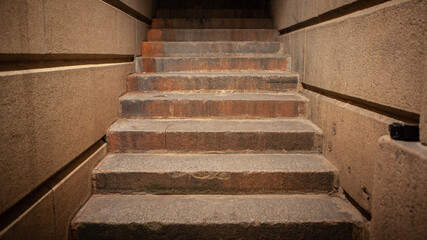 Stone Steps. Wide angle architectural detail of illuminated outdoor granite stairs. - 560802028