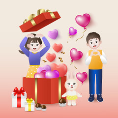 valentines day celebration card, heart shape balloons, with gift boxes, couple in love and pretty rabbit
