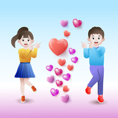 valentines day celebration card, heart shape balloons, with gift boxes, couple in love and pretty rabbit