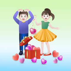 valentines day celebration card, heart shape balloons, with gift boxes, couple in love and pretty rabbit