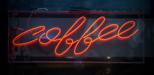 red neon coffee sign in cafe window