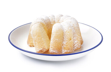 Plate with delicious cake on white background