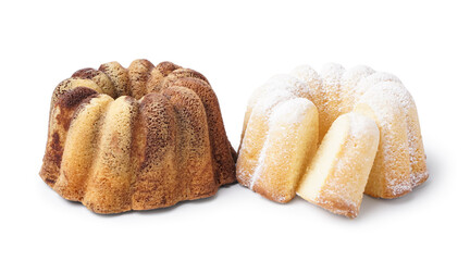 Different yummy cakes on white background