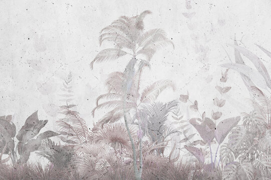 Tropical Trees and leaves wallpaper design for digital printing - 3D illustration © Bilstock