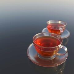 Two cups of tea isolated on grey background. 3d rendering of mug of tea in simple futuristic style
