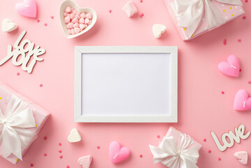 Valentine's Day concept. Top view photo of white photo frame gift boxes heart shaped saucer with...