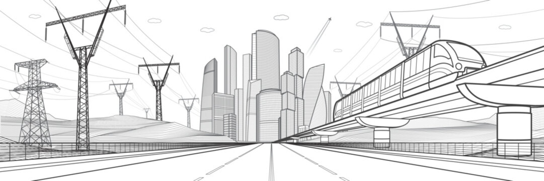 Large highway. Modern city illustration. High voltage transmission systems. Network of interconnected electrical. Train and enegry pylons at white background. Gray outlines, vector design  