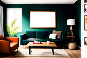 mock-up living room, modern living room, empty poster / picture frame