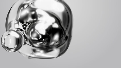 3d render motion design pattern metaverse monochrome gray white abstract art object metaball metaspheres in glass water liquid silver metal meta ball transition deformation process on white background