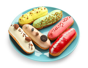 Plate with various glazed eclairs isolated on white background