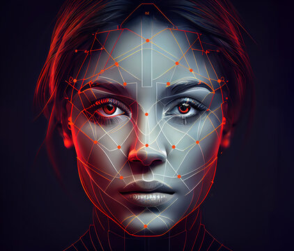 Face Recognition Concept. An Illustration Of A Female Face With A  Lines And Dots Overlay. Generative AI