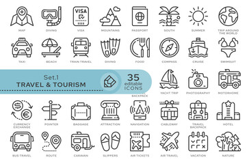 Fototapeta premium Set of conceptual icons. Vector icons in flat linear style for web sites, applications and other graphic resources. Set from the series - Travel and Tourism. Editable outline icon.