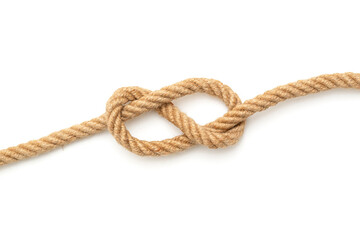 Rope with tied knot in shape wave on white background