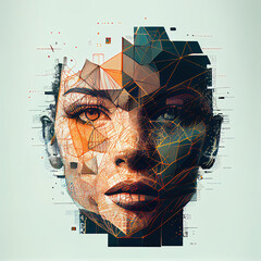 Face Recognition concept. An illustration of a female face with a planes and lines overlay. - obrazy, fototapety, plakaty