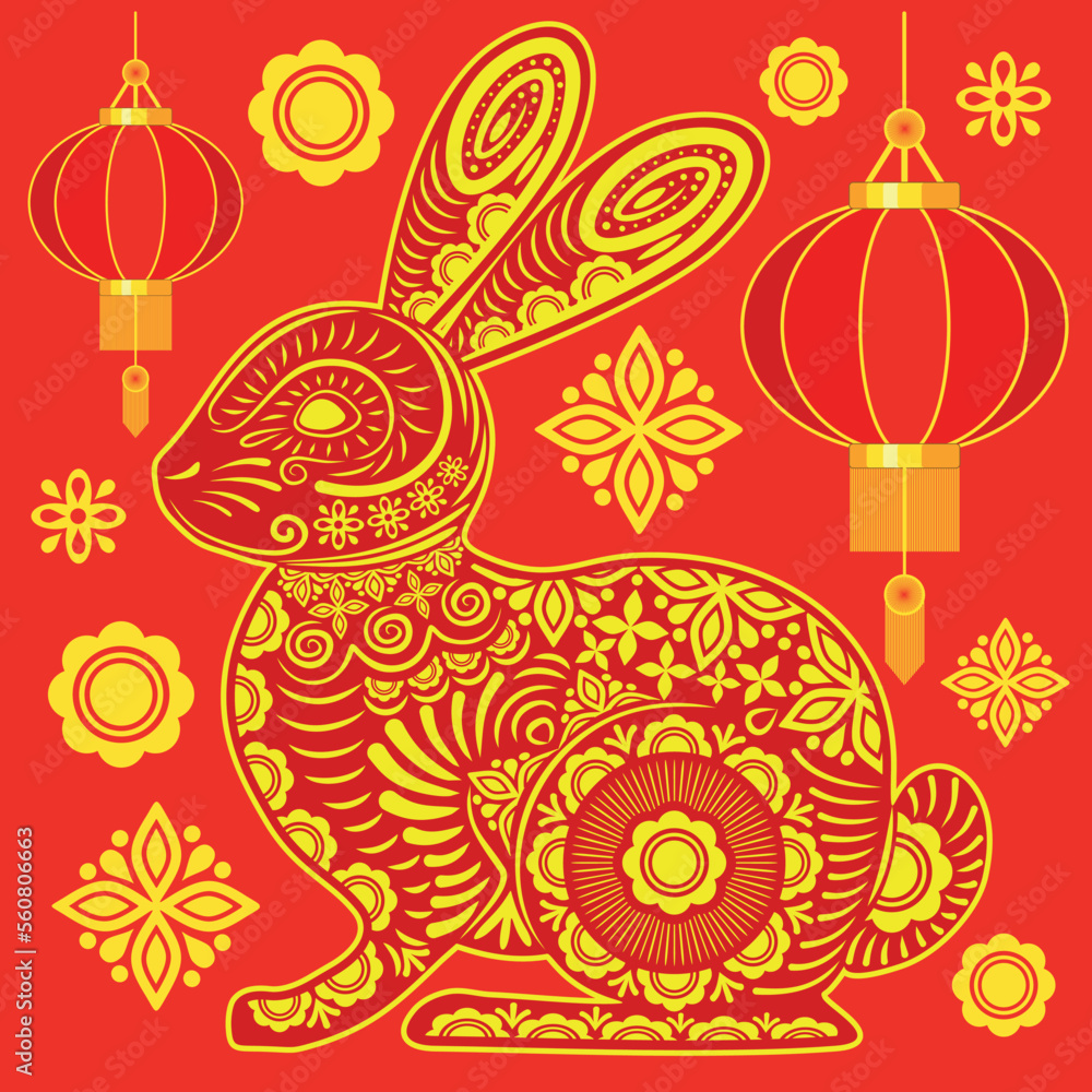 Wall mural happy chinese new year 2023 year of the rabbit vector illustration