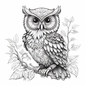 Delightful owl outline illustration for coloring book page. Coloring card for kids and adults. Generative AI