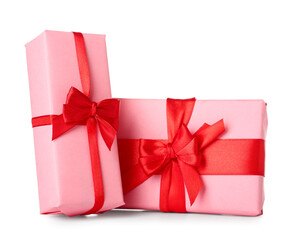 Beautiful gifts with red ribbon on white background. Valentine's Day celebration