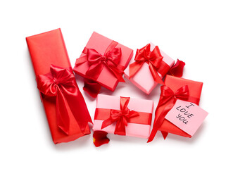 Set of different gifts isolated on white background. Valentine's Day celebration