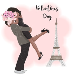 Couple in Paris near the Eiffel Tower, Valentine's Day vector illustration 7