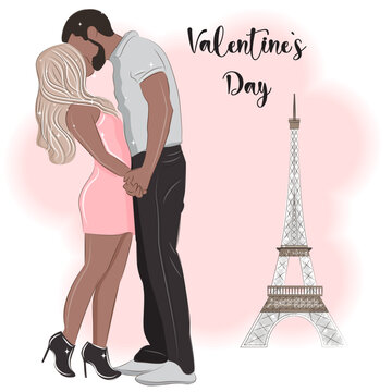 Couple in Paris near the Eiffel Tower, Valentine's Day vector illustration 6