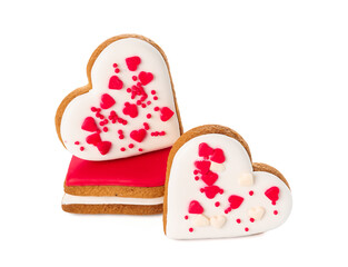 Sweet heart shaped cookies with sprinkles on white background. Valentine's Day celebration