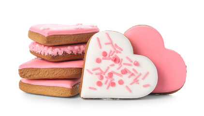 Heap of tasty heart shaped cookies isolated on white background. Valentine's Day celebration