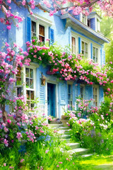 Fototapeta na wymiar Fairy tale rustic country house spring
