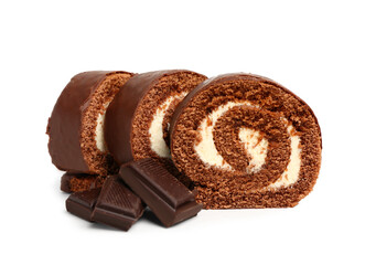 Pieces of tasty sponge cake roll and chocolate on white background