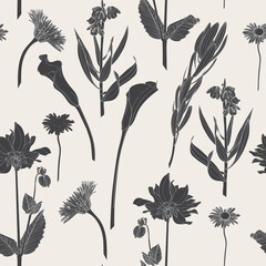 Many kind of garden flowers. Detailed outline black white line sketch seamless pattern.