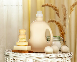 Natural laundry detergent mockup. Washing detergent concept with bottle of washing gel or fabric...