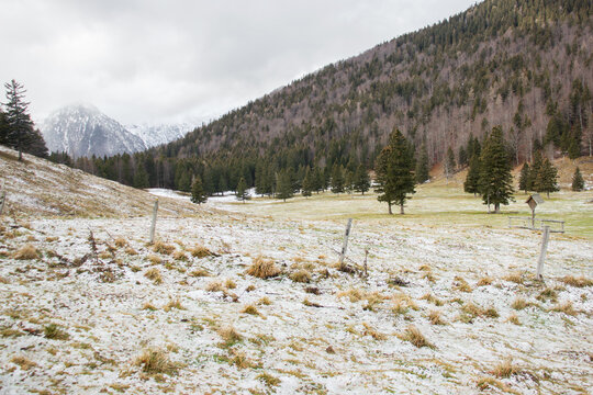 Velika planina mountain 1666 m in Kamnik Savinja Alps in Slovenia, winter hiking in herdsmen&rsquo;s huts village covered with snow