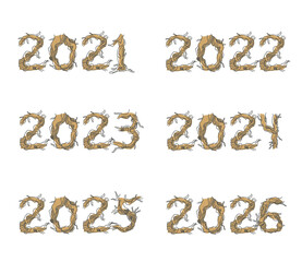 Years 2021-2026 set. Numbers from a decorative font in the form of tree roots