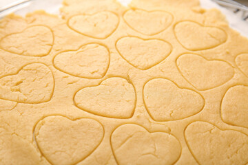 Dough for preparing tasty cookies, closeup. Valentines Day celebration