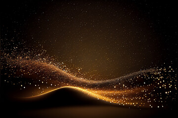 Shiny flow of glitter particles and bokeh golden shiny background on dark backdrop
