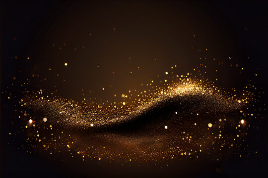 Shiny flow of glitter particles and bokeh golden shiny background on dark backdrop