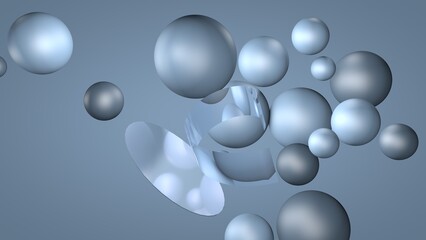 3d render. Blue background with balls or spheres of different sizes. In the middle, a round mirror and a transparent ribbon curve between the bubbles. - 560811027