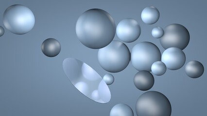 3d render. Balls or bubbles of different sizes hang in the air around a small mirror in the center. Blue monochrome background.