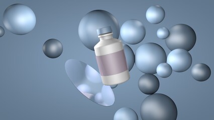 3d render. A vertical bottle of shampoo or shower gel or cream with a label among balls or bubbles of different sizes. Delicate blue and pink. Background for the demonstration of cosmetic or medicines