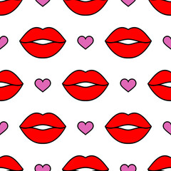 Lips and hearts. Seamless vector pattern with red and pink elements on the white background. Fashion background for modern original designs, prints, textiles, fabrics, wallpapers, and wrappings.