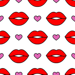 Lips and hearts. Seamless vector pattern with red and pink elements on the white background. Fashion background for modern original designs, prints, textiles, fabrics, wallpapers, and wrappings.