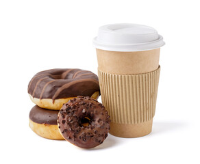 Tasty glazed donuts and paper cup isolated on white background