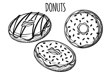 Fresh hand drawn icing donuts for bakery or pastry shop.