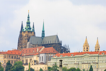 View of the Gothic Catholic Cathedral of St. Vitus, Wenceslas and Vojtech in Prague Castle. Background