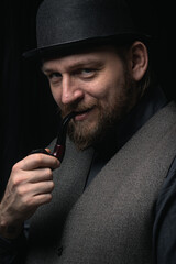 stylish man in retro outfit suit hat smoking wooden pipe look cosplay england gentleman fashionable confident gangster style