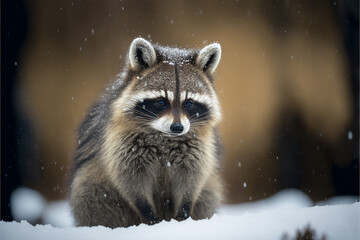 Close view to a cute racoon outdoors in the snow - obrazy, fototapety, plakaty