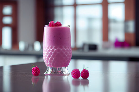 Glass of raspberry smoothie in white floor. Illustration Generative AI