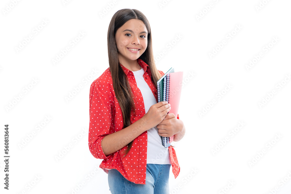 Poster teenager school girl study with books. learning knowledge and kids education concept. portrait of ha