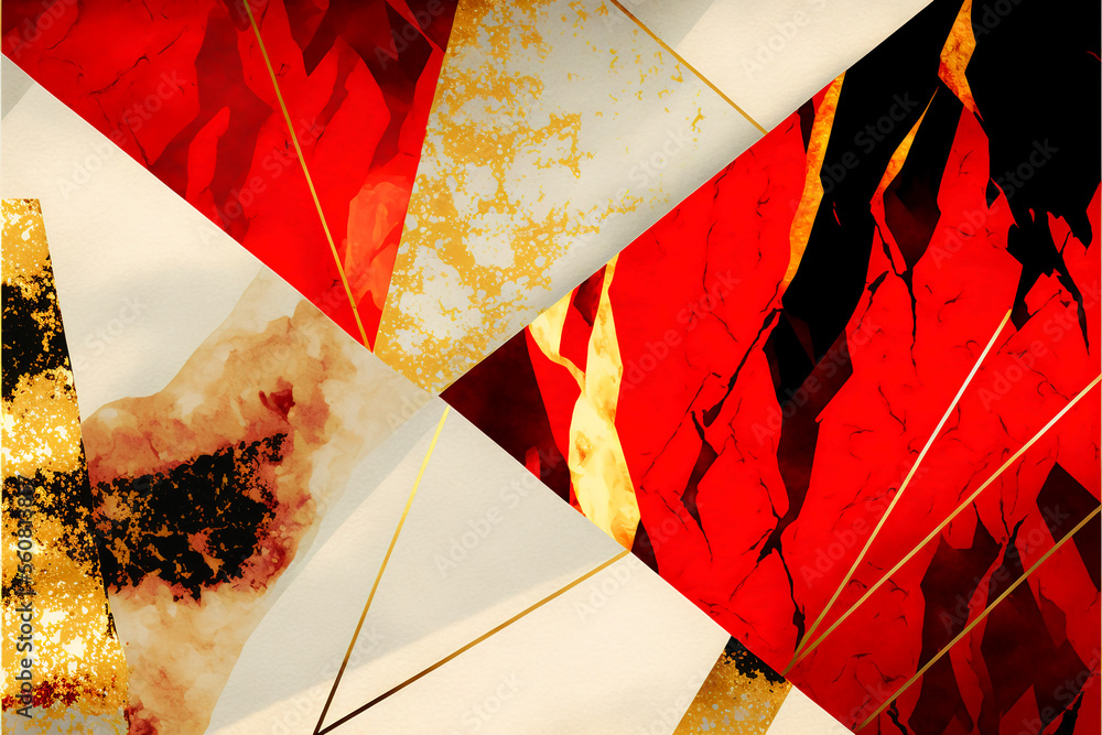 Poster abstract red and golden background with marbled shapes. generative ai